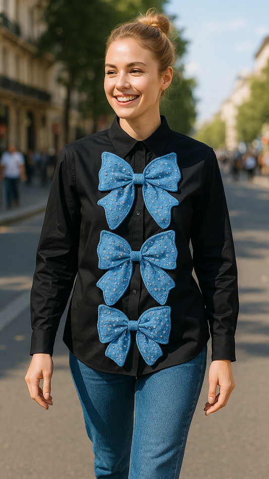 Rhinestone Designed Bow Shirt FC1863