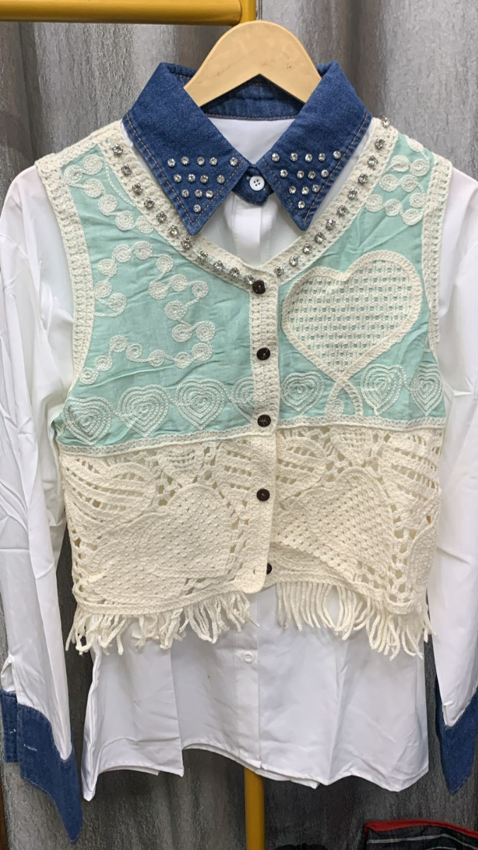 Rhinestone Designed Crochet Vest With Plain Shirt FC2246