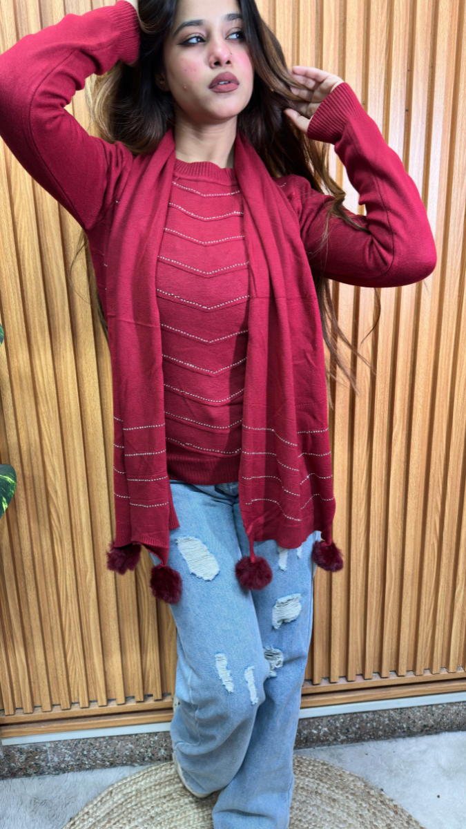 Rhinestone Designed Top With Scarf FC1950