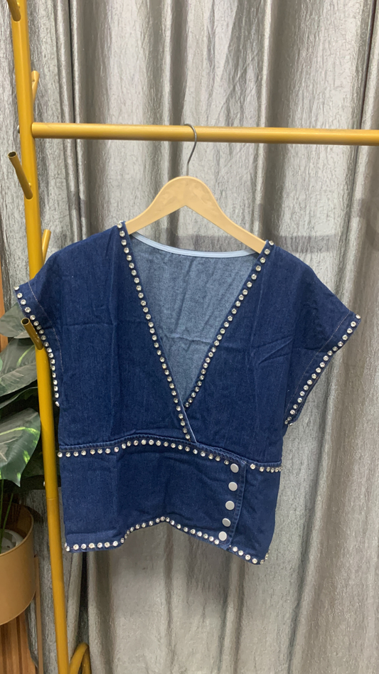 Rhinestone designed V Neck Denim Crop Top FC2559