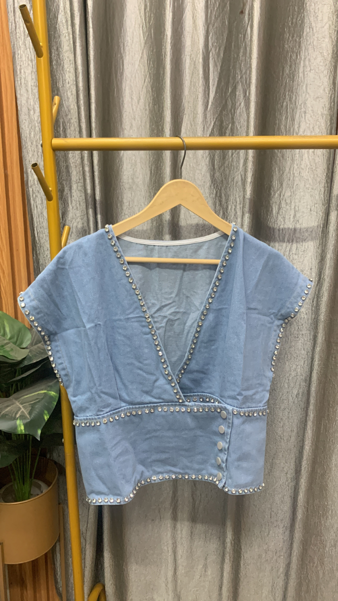 Rhinestone designed V Neck Denim Crop Top FC2559