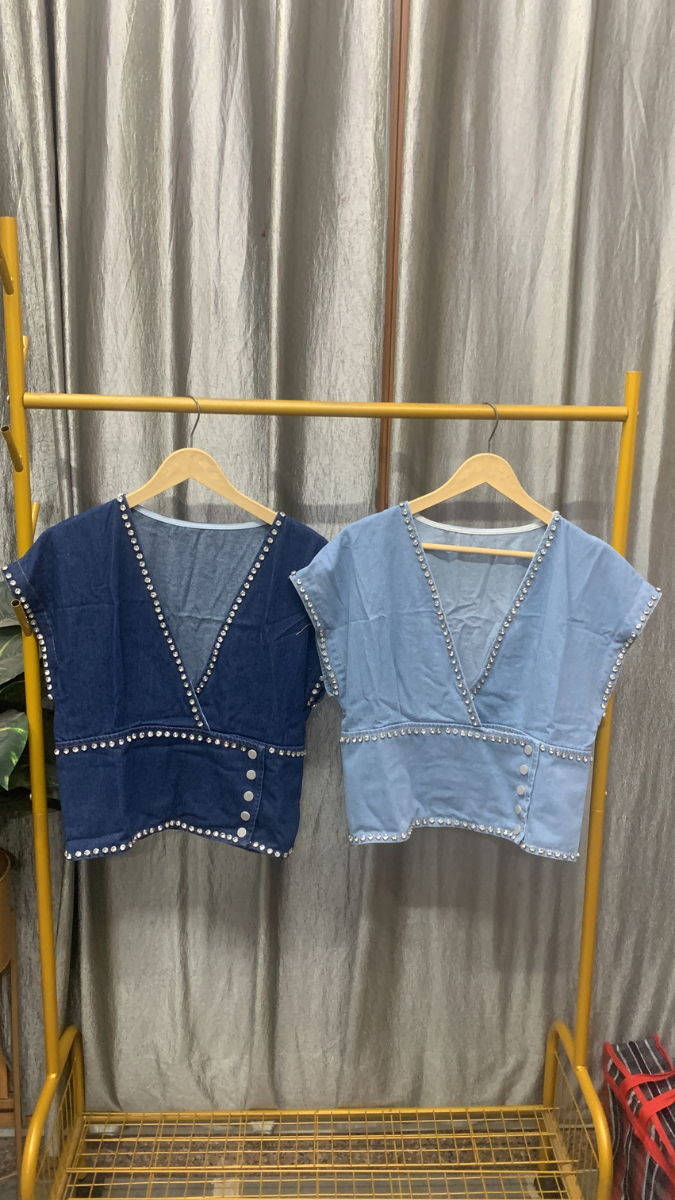 Rhinestone designed V Neck Denim Crop Top FC2559