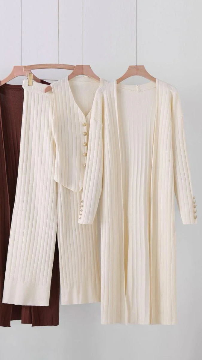 Rib Knitted Vest, Long Shrug And Pant 3pc Coord Set FC2022