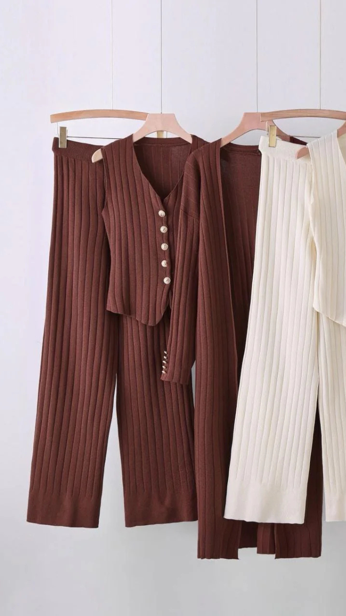 Rib Knitted Vest, Long Shrug And Pant 3pc Coord Set FC2022