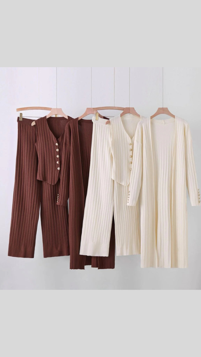 Rib Knitted Vest, Long Shrug And Pant 3pc Coord Set FC2022