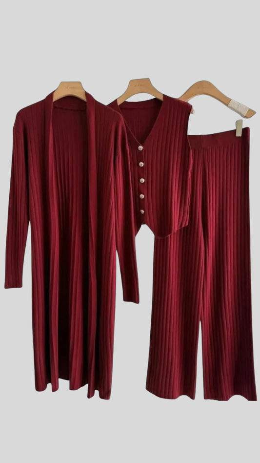 Rib Knitted Vest, Long Shrug And Pant 3pc Coord Set FC2022