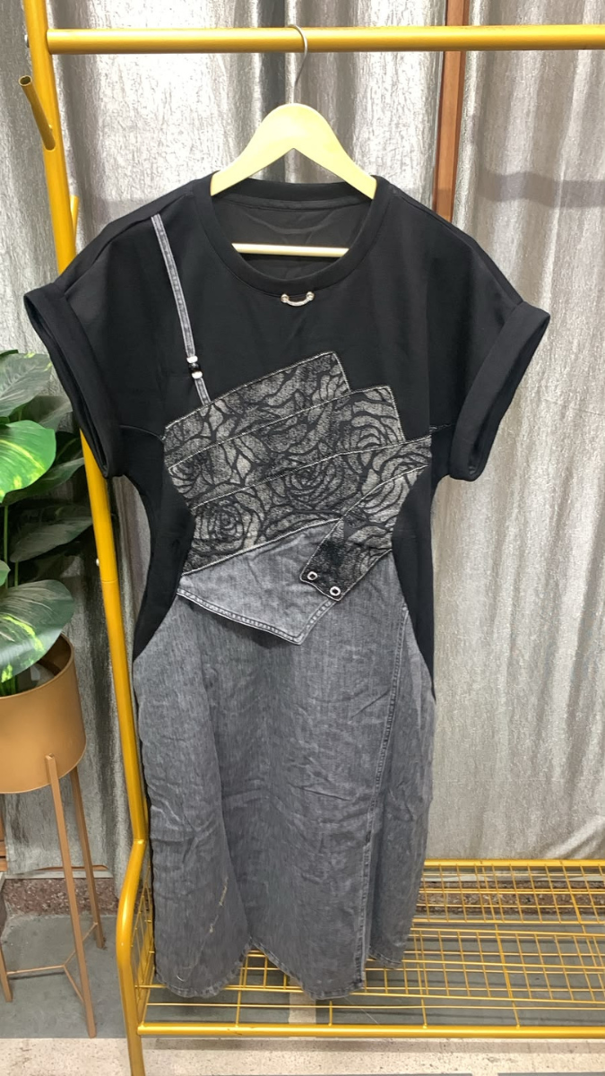 Rose Designed Front With Slit Denim Midi Dress FC2608