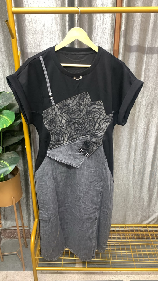 Rose Designed Front With Slit Denim Midi Dress FC2608