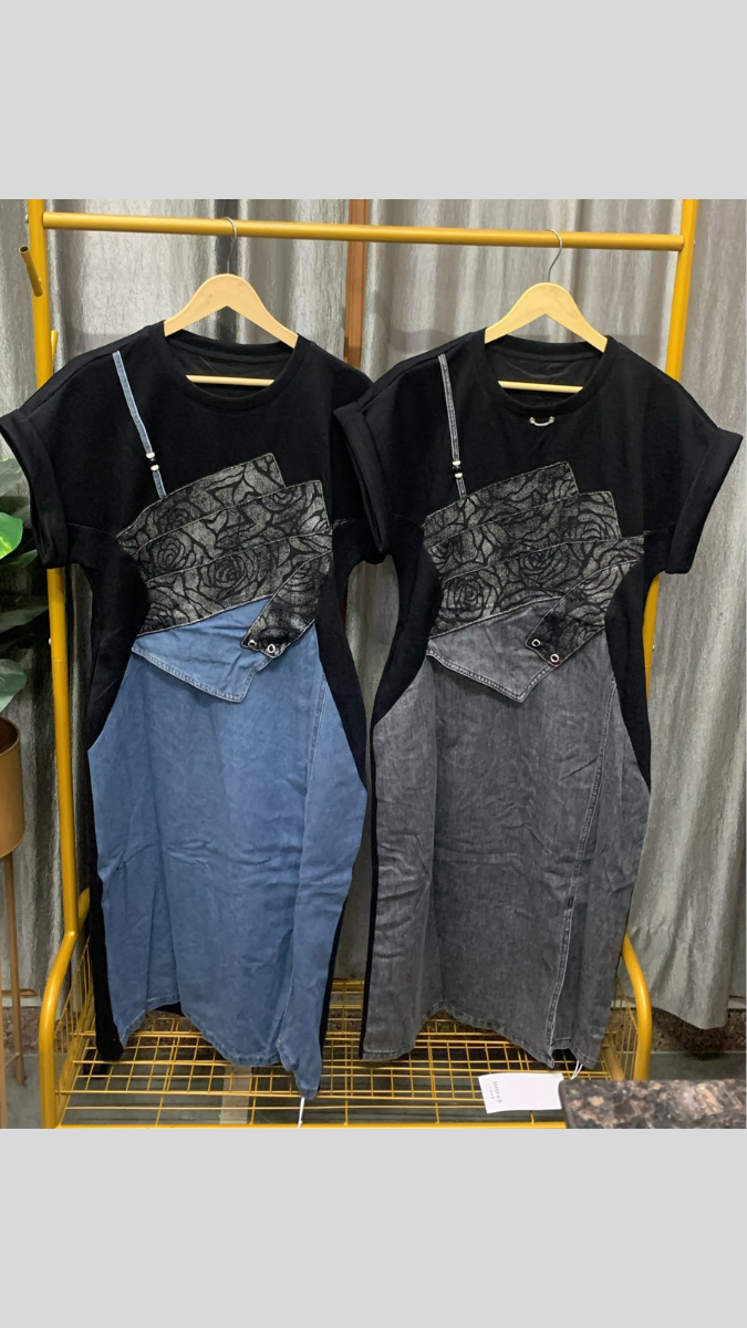 Rose Designed Front With Slit Denim Midi Dress FC2608