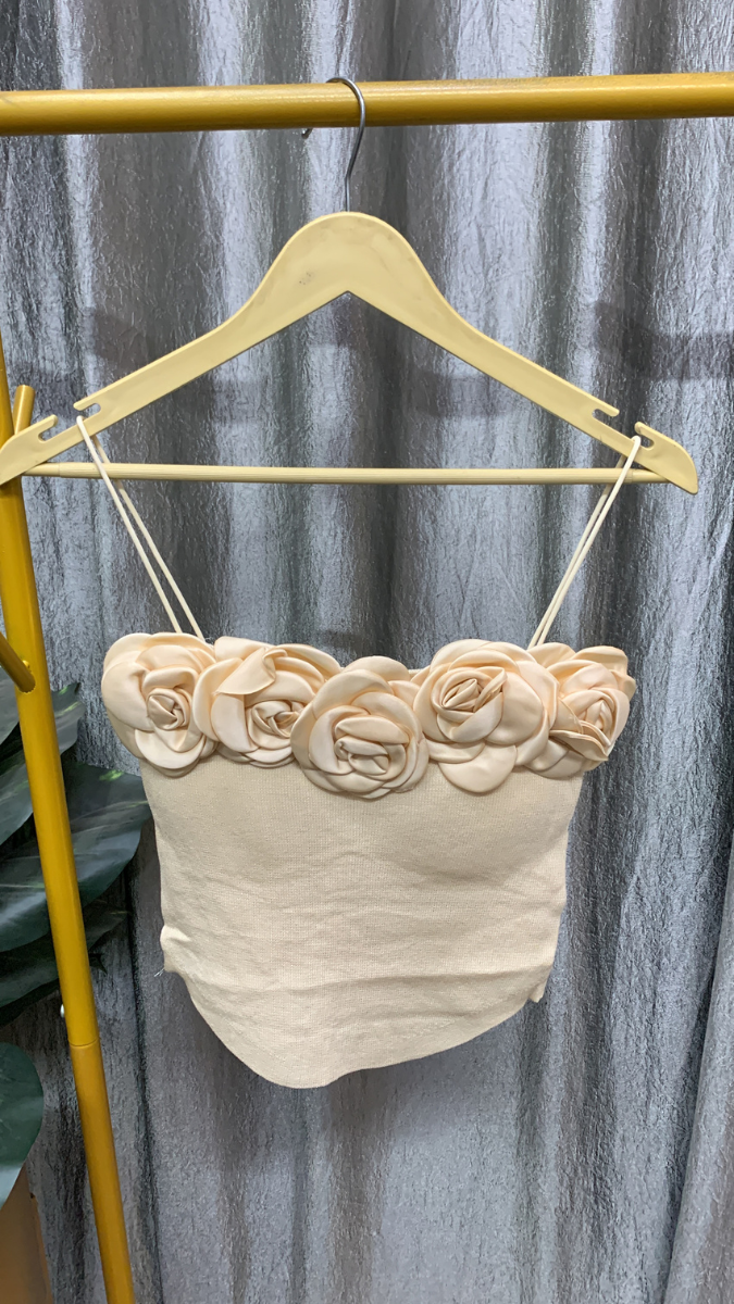 Rose Embedded Neckline Strap Sleeve Crop Top FC2515
