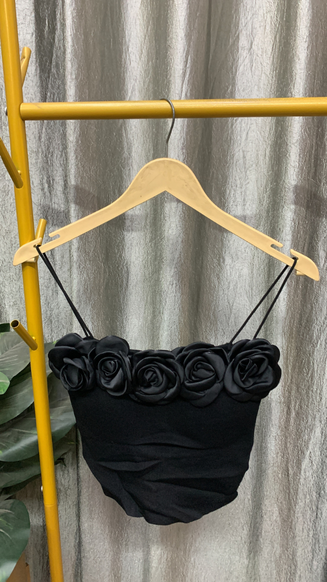 Rose Embedded Neckline Strap Sleeve Crop Top FC2515