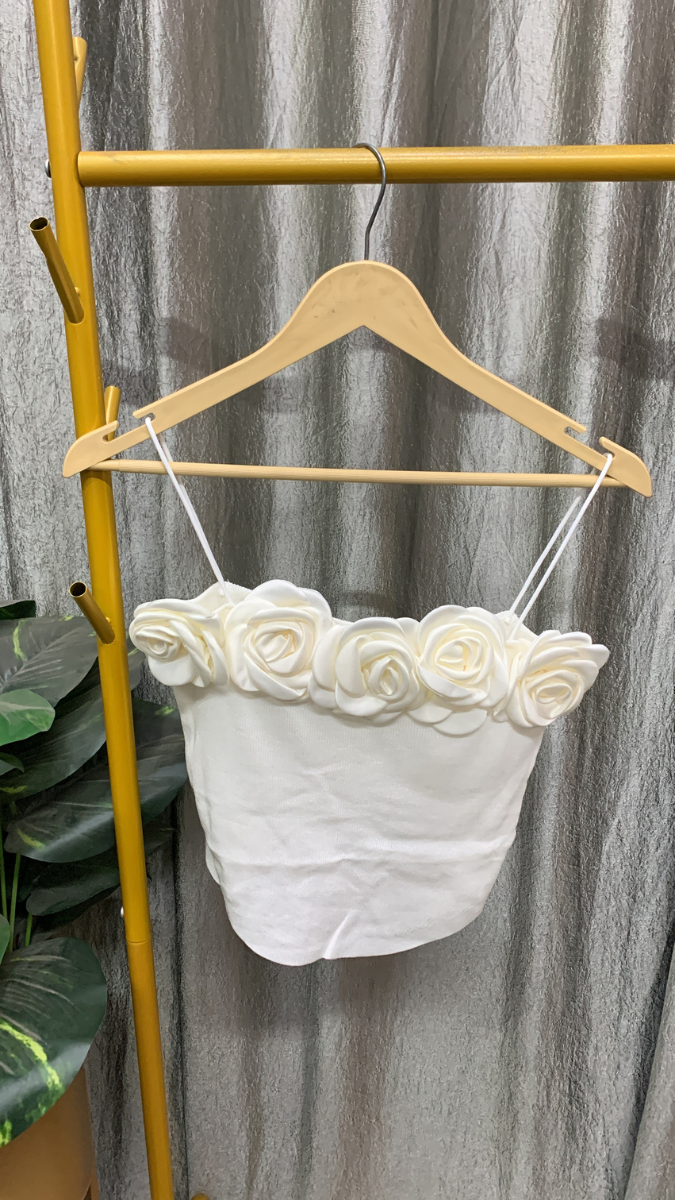 Rose Embedded Neckline Strap Sleeve Crop Top FC2515