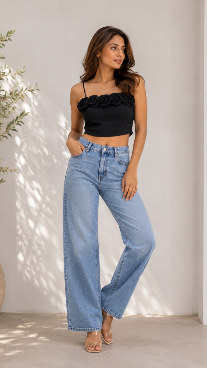 Rose Embedded Neckline Strap Sleeve Crop Top FC2515