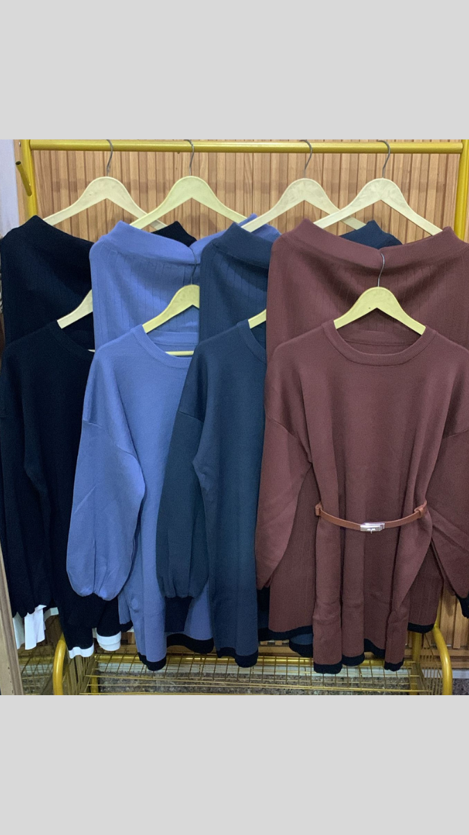 Round Neck Belted Top With A- Line Skirt Woolen Coord Set FC1986