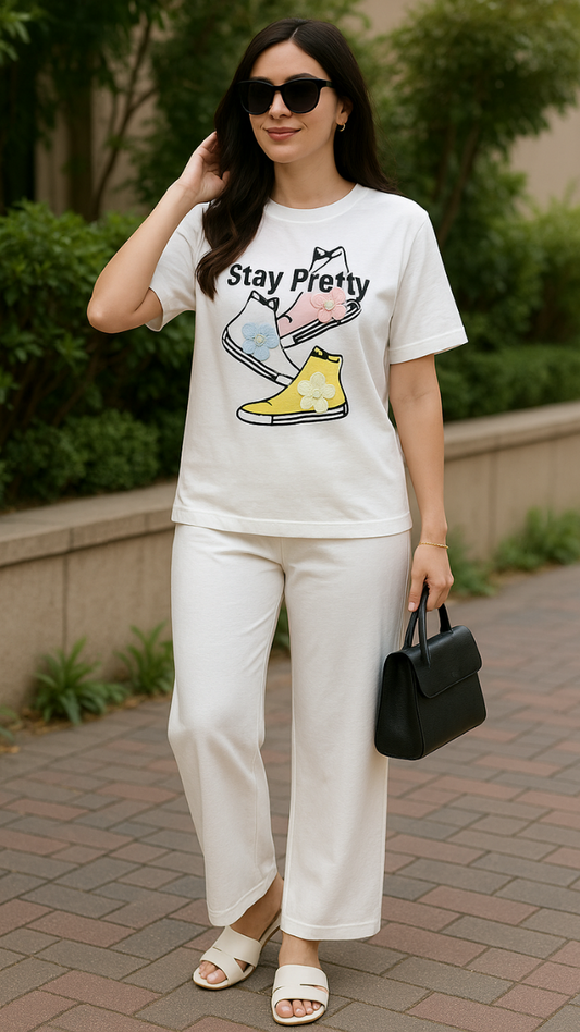 Round Neck Shoes Printed Half Sleeve Coord Set FC1959