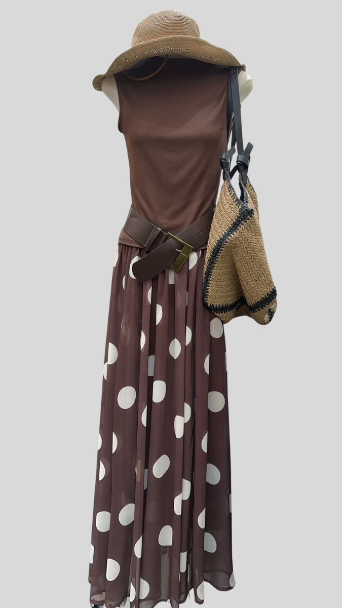 Round Neck Sleeveless Top With polka Dot Skirt Set With Belt FC2534