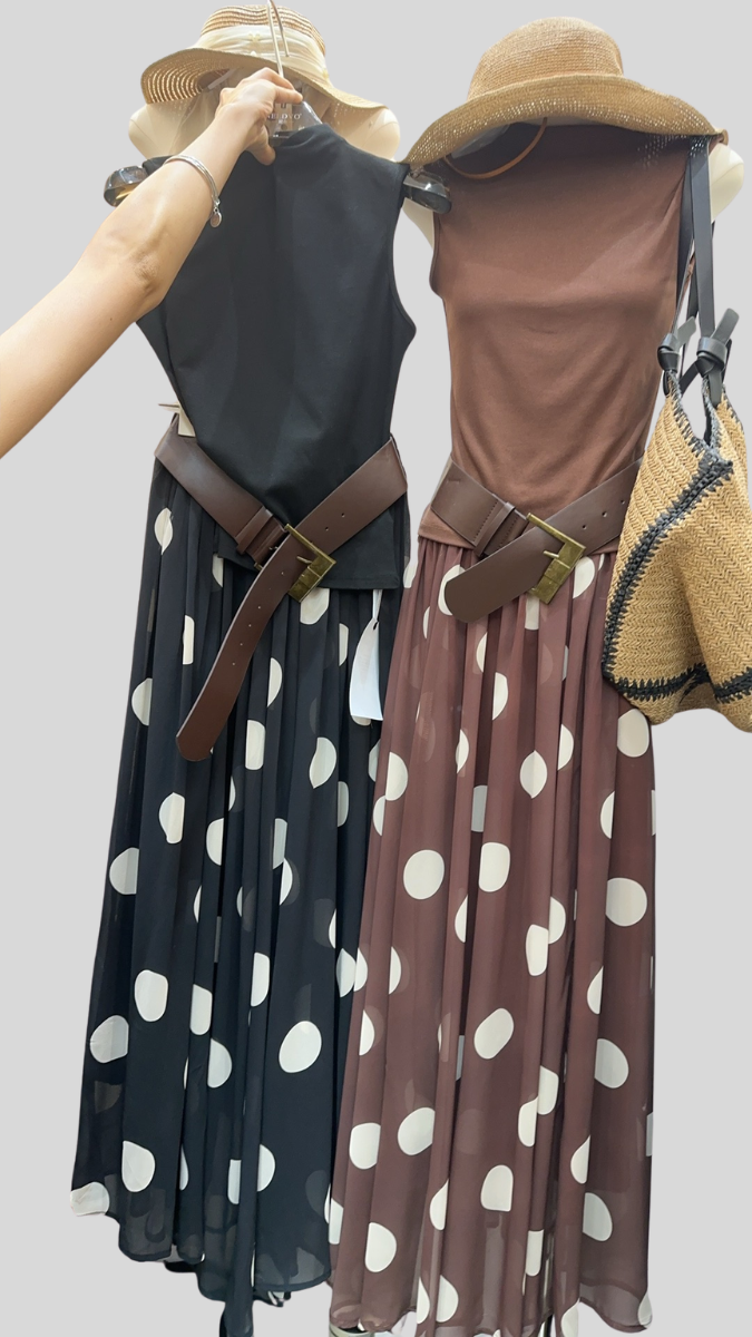 Round Neck Sleeveless Top With polka Dot Skirt Set With Belt FC2534
