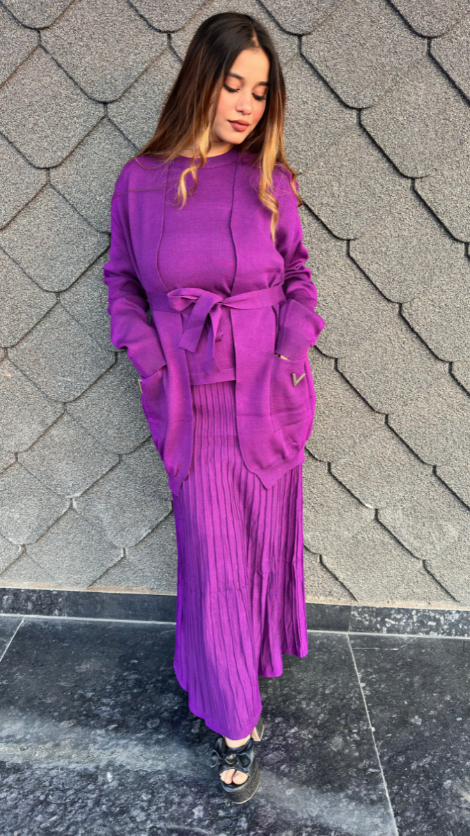 Round Neck Top And Pleaded Skirt With Shrug 3 Pc Skirt Set FC2042