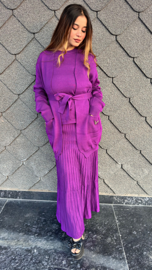 Round Neck Top And Pleaded Skirt With Shrug 3 Pc Skirt Set FC2042