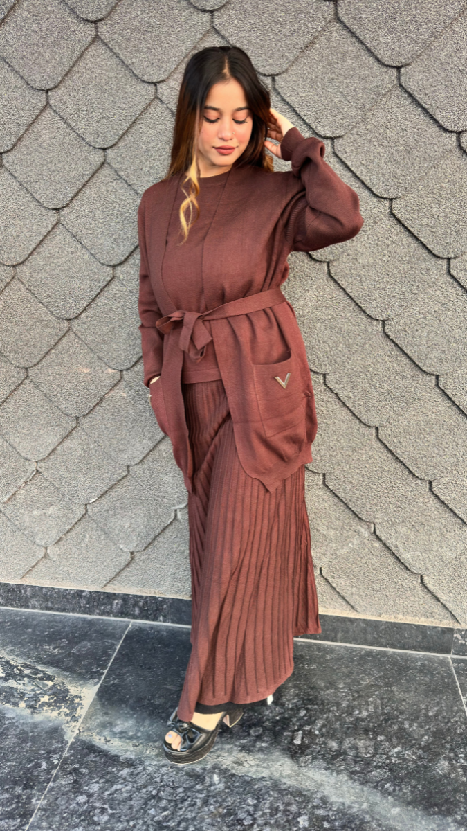 Round Neck Top And Pleaded Skirt With Shrug 3 Pc Skirt Set FC2042