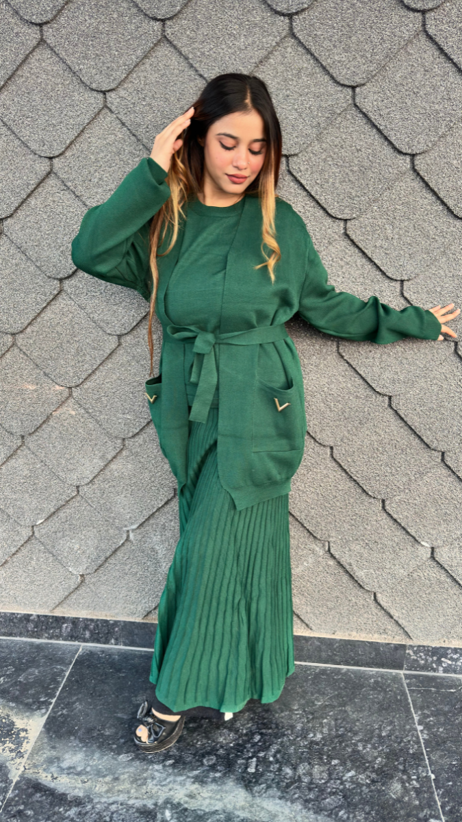 Round Neck Top And Pleaded Skirt With Shrug 3 Pc Skirt Set FC2042