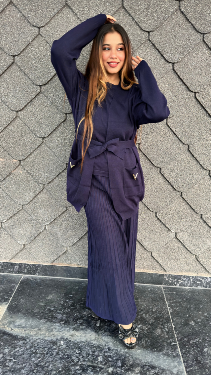 Round Neck Top And Pleaded Skirt With Shrug 3 Pc Skirt Set FC2042