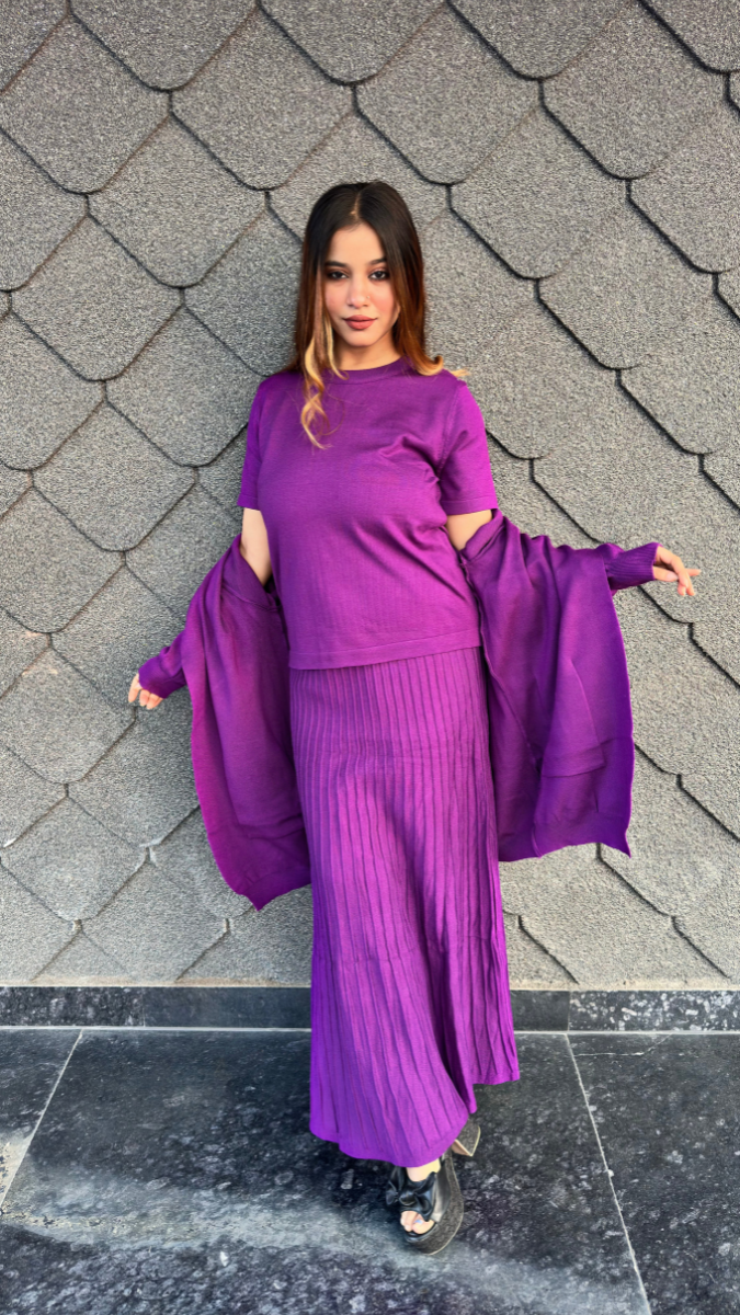 Round Neck Top And Pleaded Skirt With Shrug 3 Pc Skirt Set FC2042