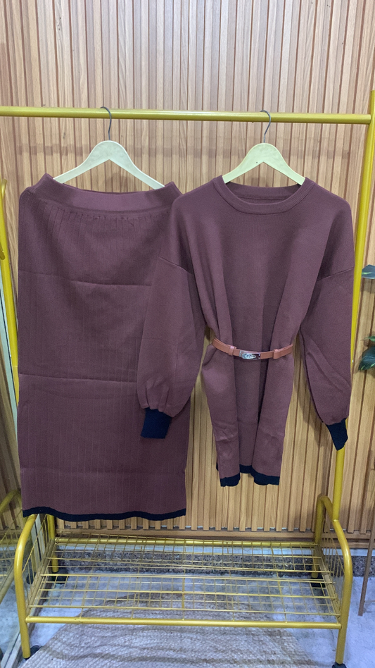 Round Neck Belted Top With A- Line Skirt Woolen Coord Set FC1986