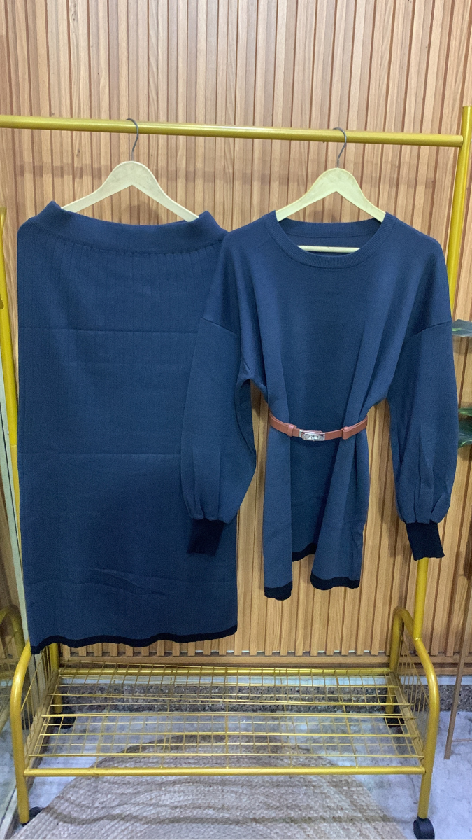 Round Neck Belted Top With A- Line Skirt Woolen Coord Set FC1986