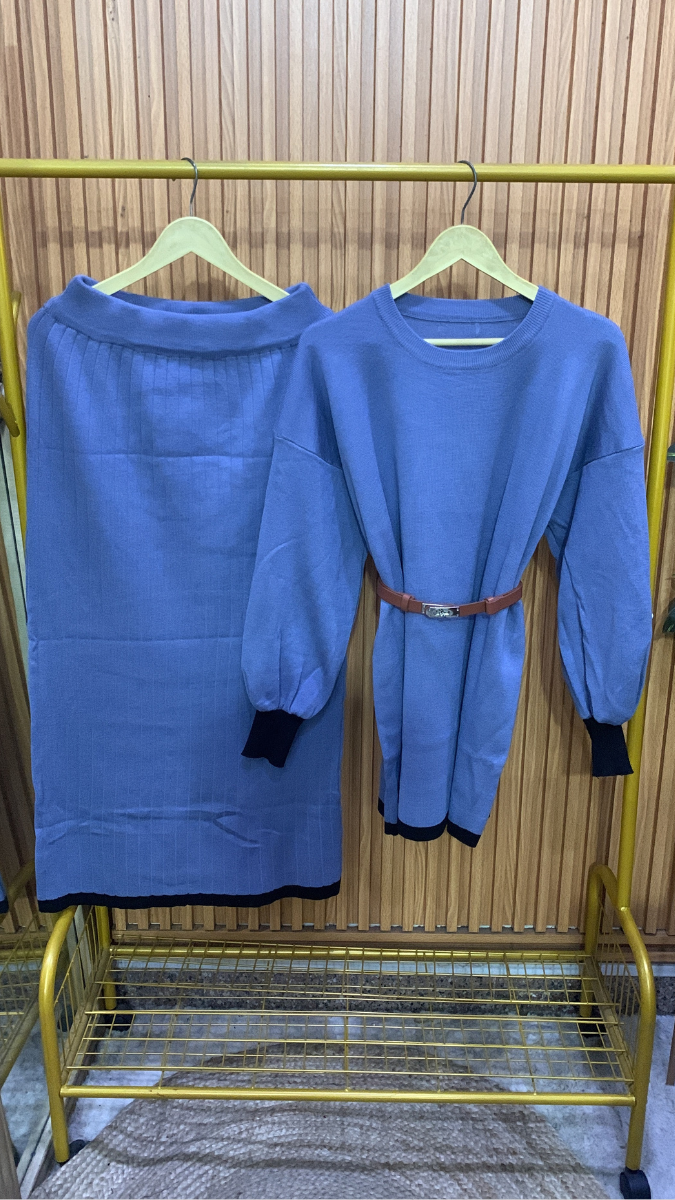 Round Neck Belted Top With A- Line Skirt Woolen Coord Set FC1986