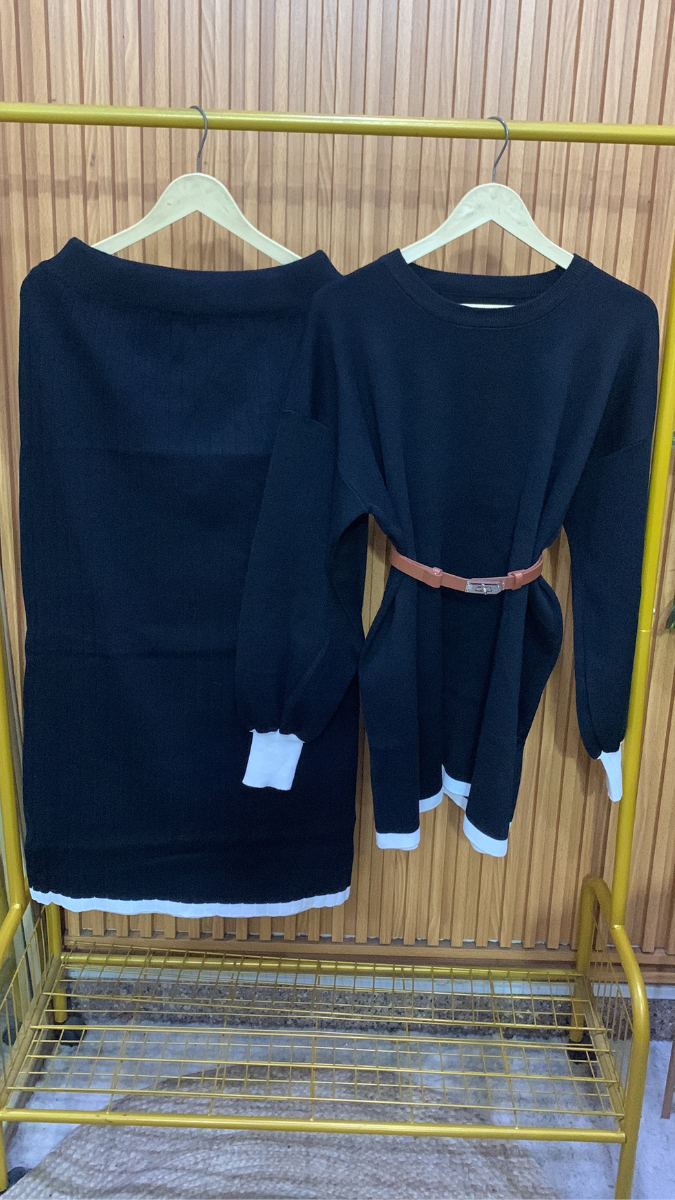 Round Neck Belted Top With A- Line Skirt Woolen Coord Set FC1986
