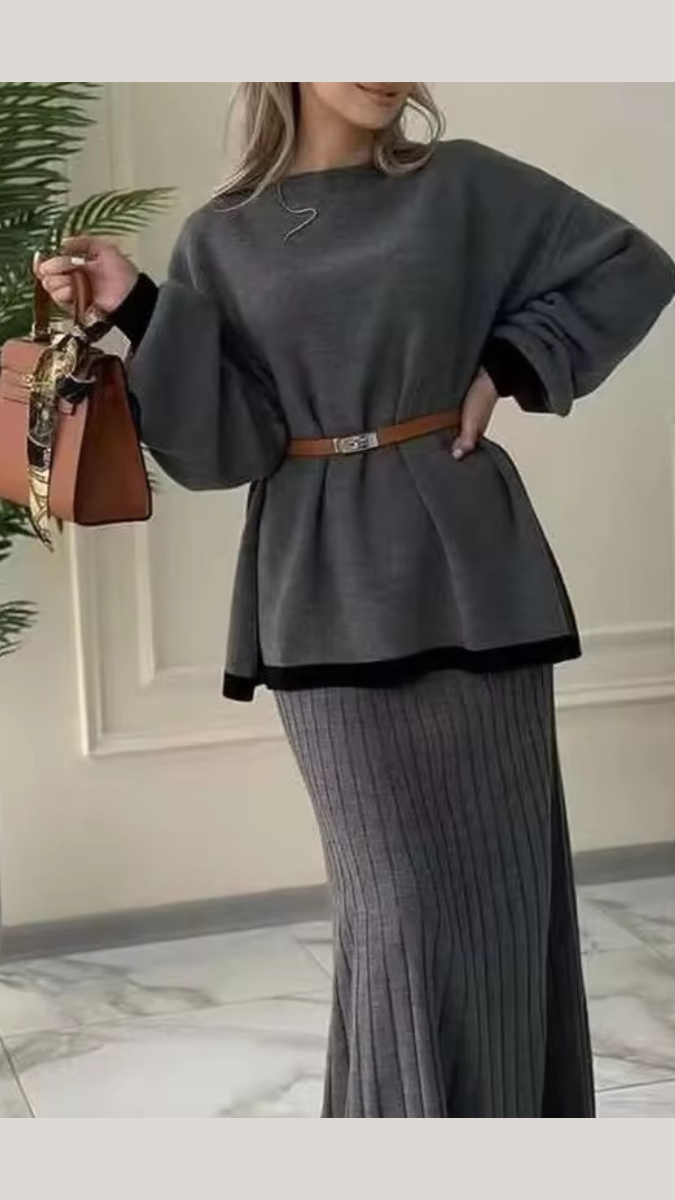 Round Neck Belted Top With A- Line Skirt Woolen Coord Set FC1986