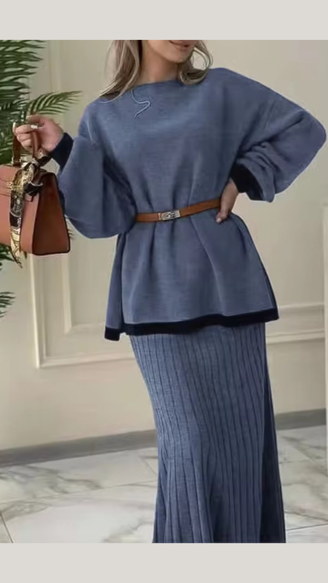 Round Neck Belted Top With A- Line Skirt Woolen Coord Set FC1986