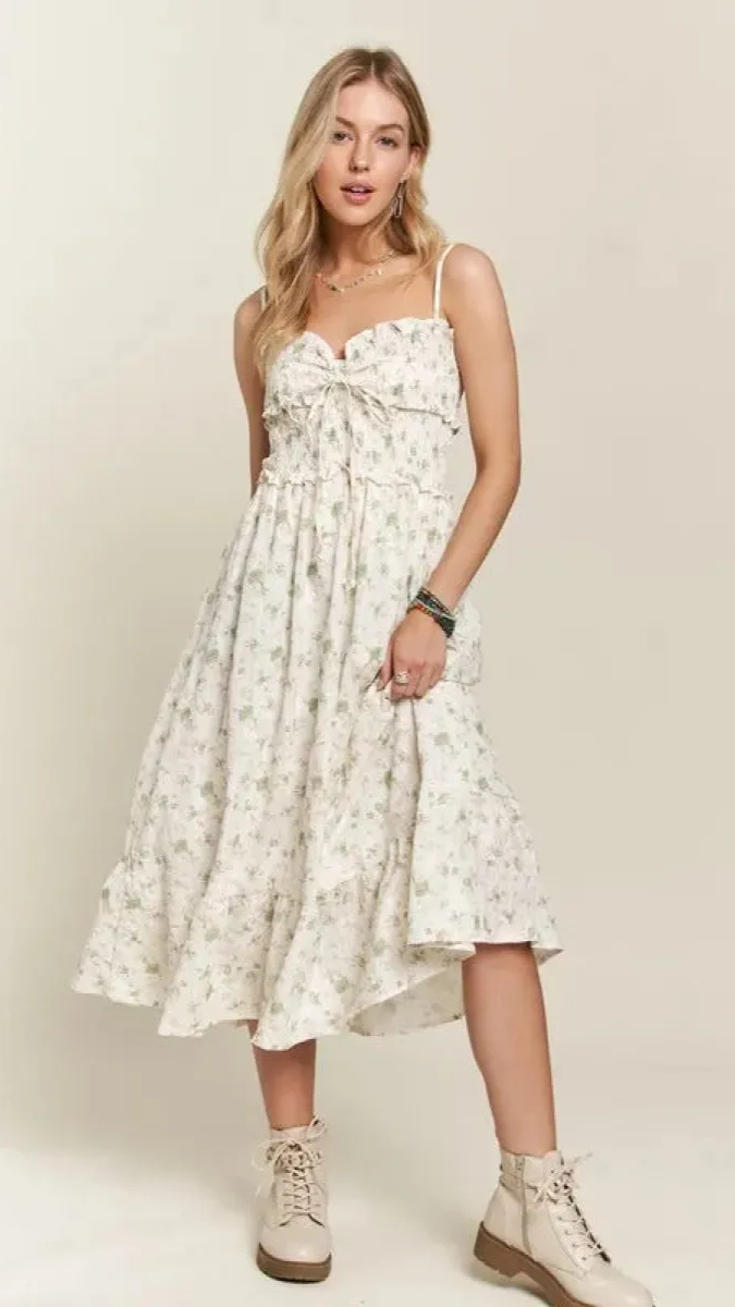 Ruffle Designed Strap Sleeve Midi Dress FC2365