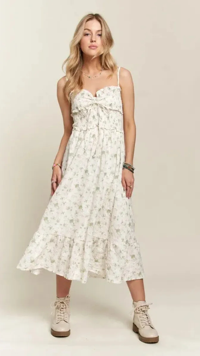 Ruffle Designed Strap Sleeve Midi Dress FC2365
