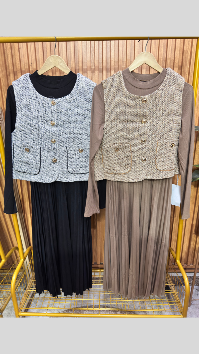 Ruffle Dress And Tweed Sleeveless Blazer With Golden Button FC1978