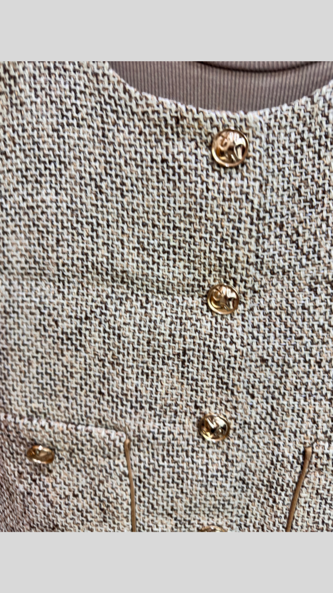 Ruffle Dress And Tweed Sleeveless Blazer With Golden Button FC1978