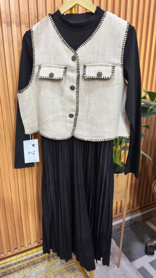 Ruffle Dress And Tweed Sleeveless V- Neck Blazer FC1979