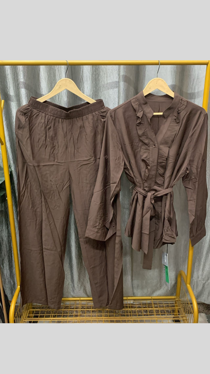Ruffle Front High Collar V Neck Top And Pant Coord Set FC2275