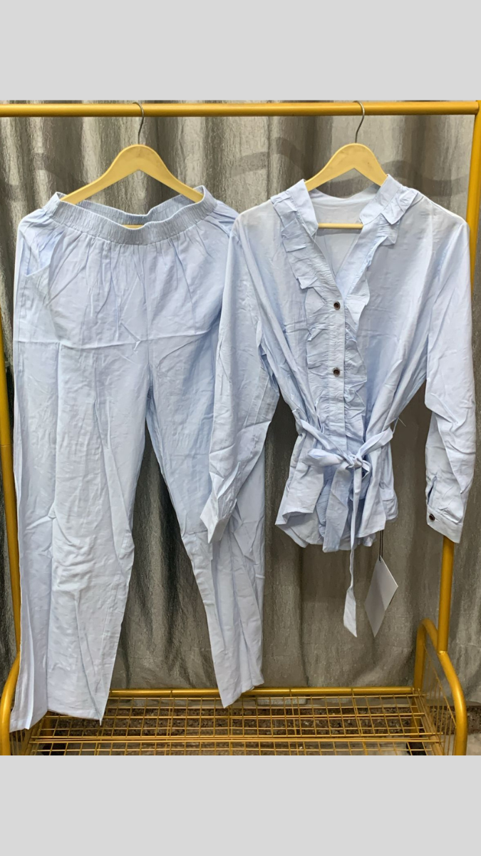 Ruffle Front High Collar V Neck Top And Pant Coord Set FC2275