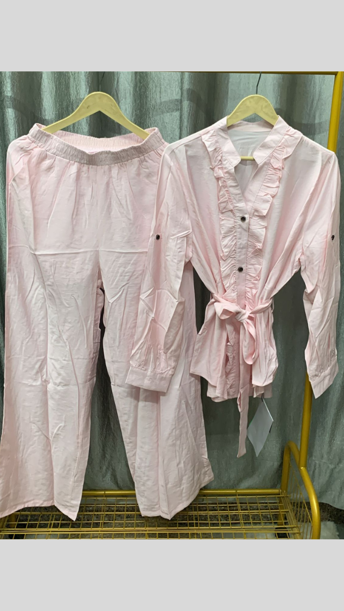 Ruffle Front High Collar V Neck Top And Pant Coord Set FC2275