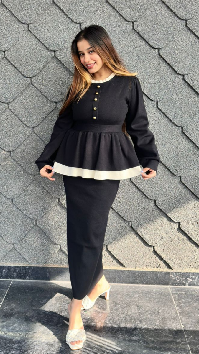 Ruffle Neckline Peplum Top With A-Line Top Skirt Set FC2032