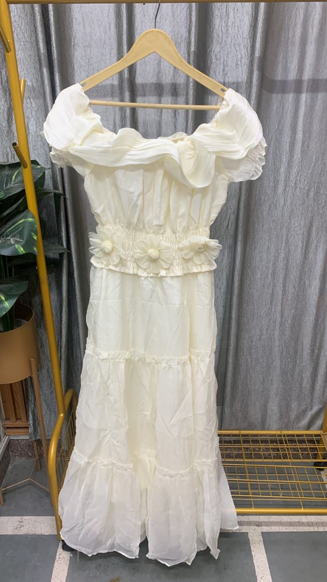 Ruffle Off Shoulder Neckline Flower Waistline Dress FC2547