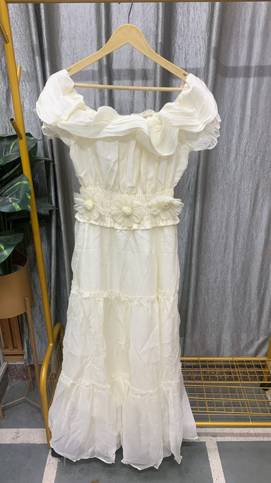 Ruffle Off Shoulder Neckline Flower Waistline Dress FC2547