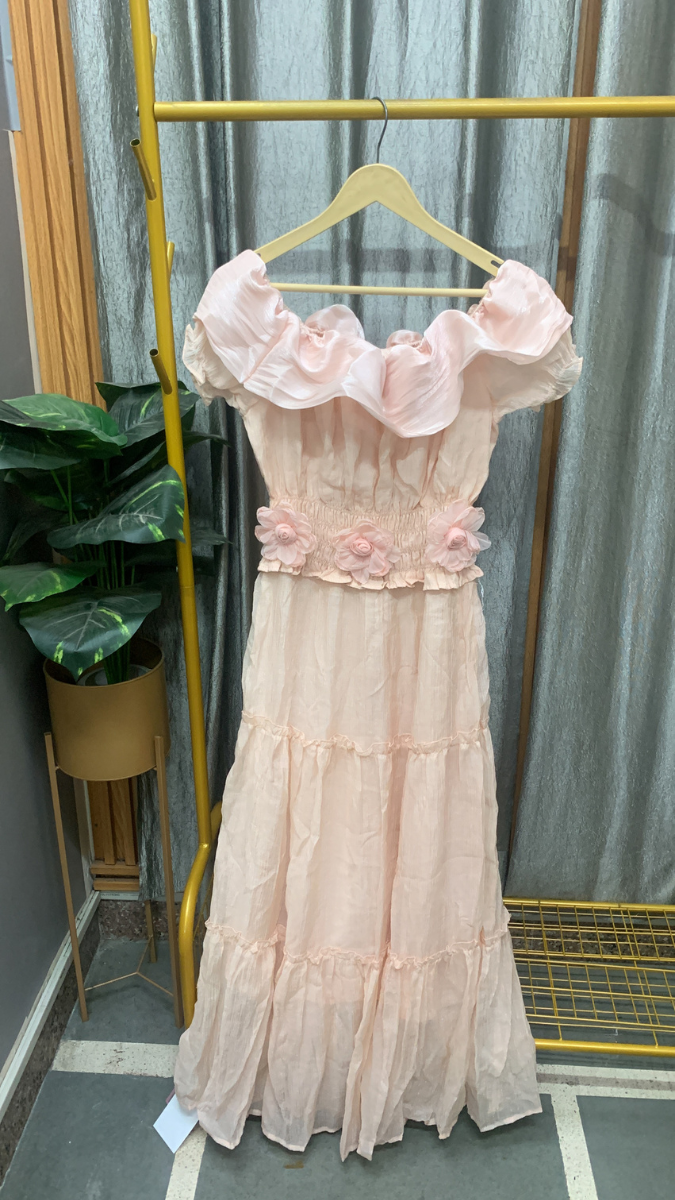Ruffle Off Shoulder Neckline Flower Waistline Dress FC2547