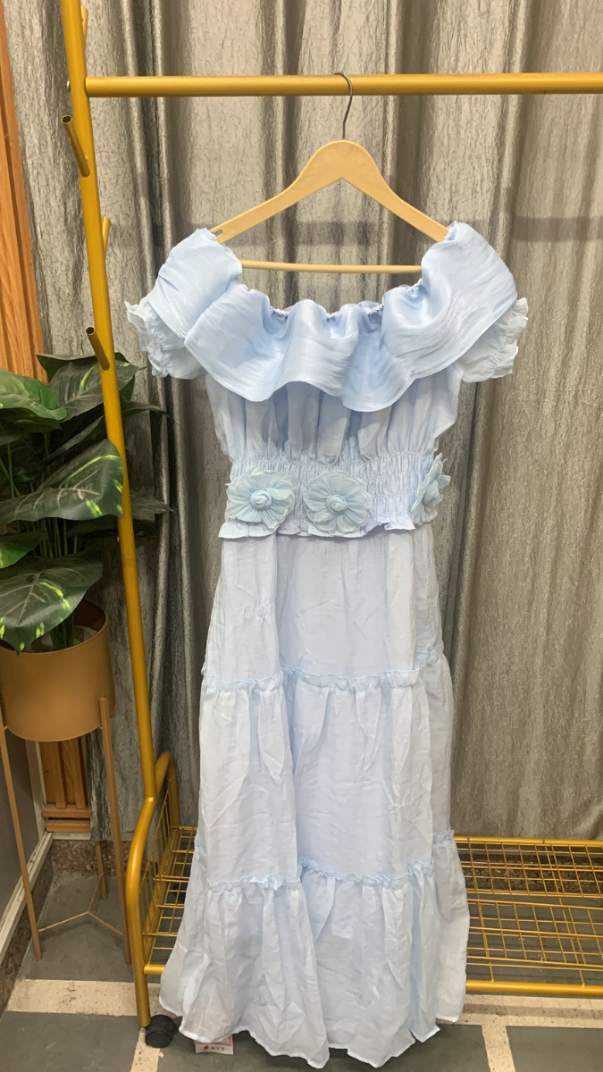 Ruffle Off Shoulder Neckline Flower Waistline Dress FC2547