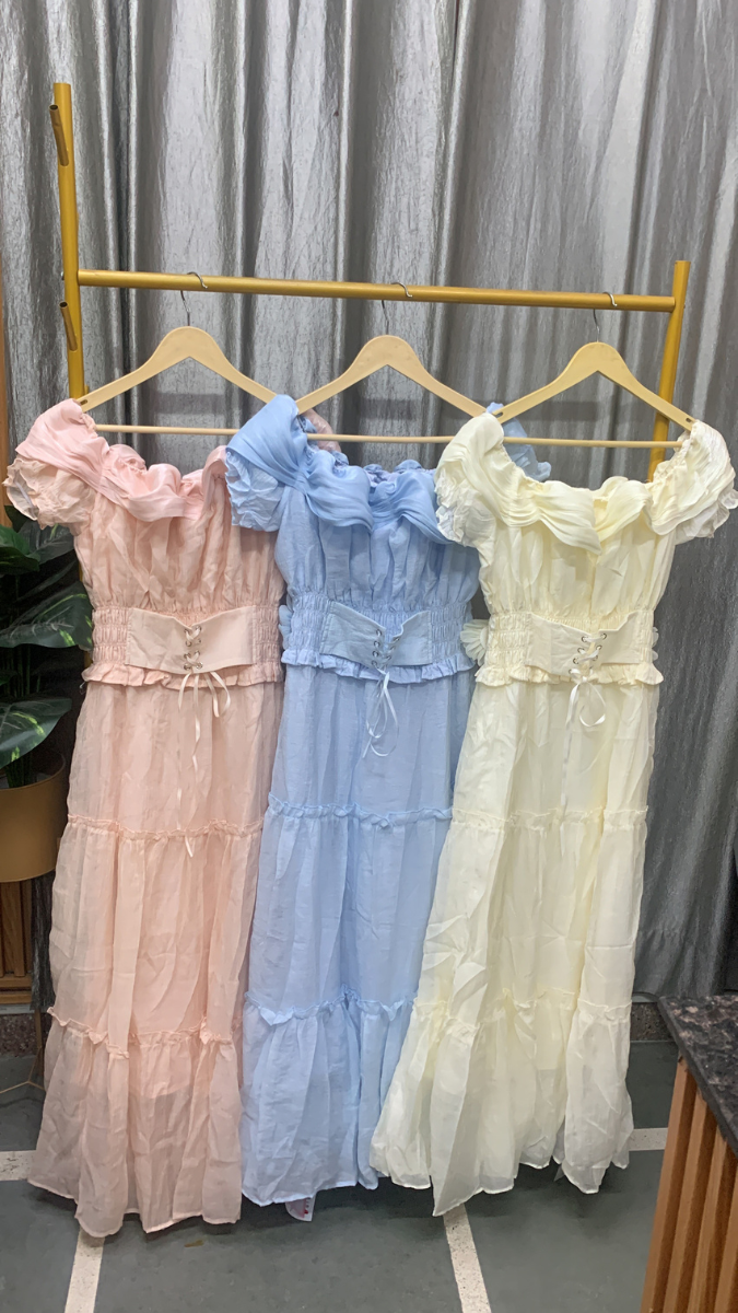 Ruffle Off Shoulder Neckline Flower Waistline Dress FC2547
