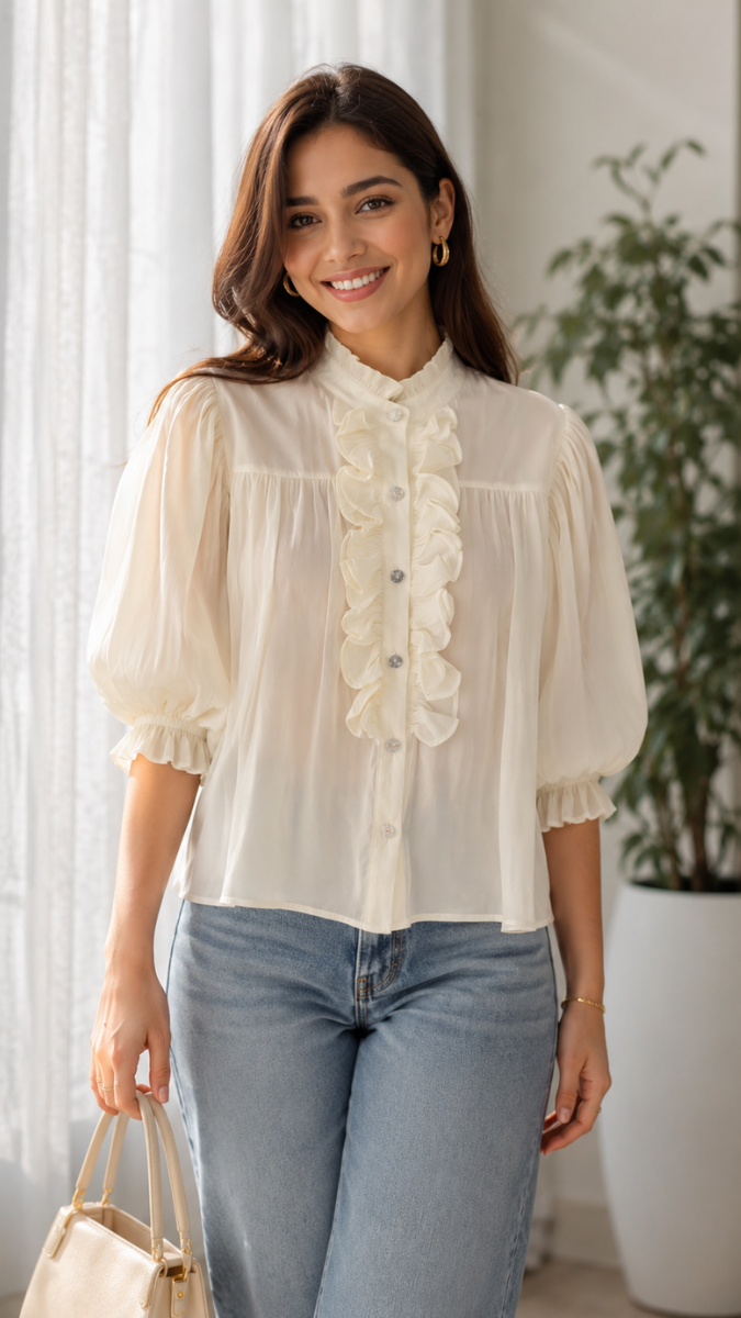 Ruffle Front Pleaded Half Sleeve Top FC2595