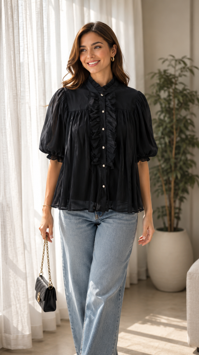 Ruffle Front Pleaded Half Sleeve Top FC2595