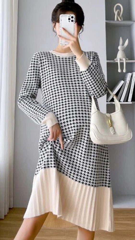 FC Elegant Autumn Winter Plaid  Patchwork Knitted Maternity Dress